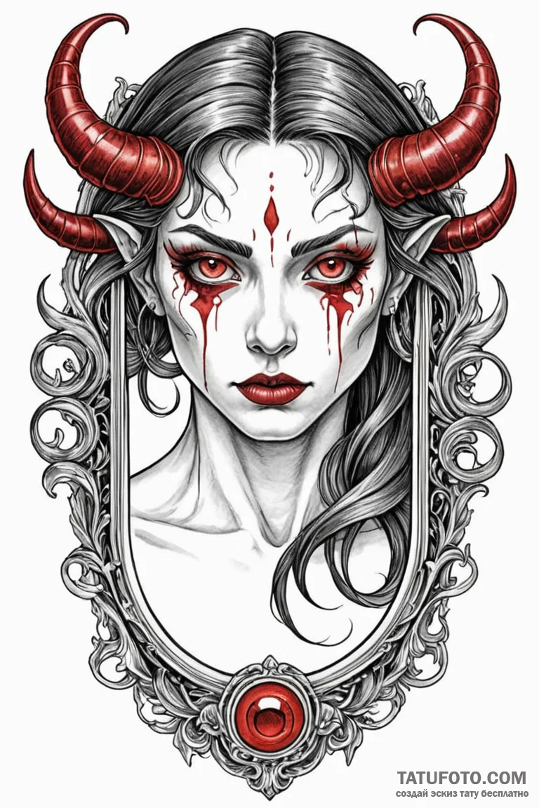 Demon eyes peering from mirror, tattoo drawin... - эскиз тату (№1750782717_1, 24.06.2025 16:31) — Tatufoto.com