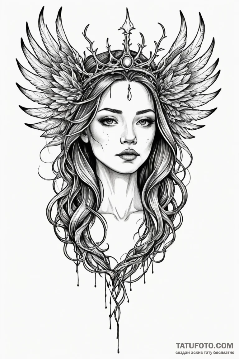 Oracle wings crowned in roots, ink illustrati... - эскиз тату (№1750782967_0, 24.06.2025 16:36) — Tatufoto.com
