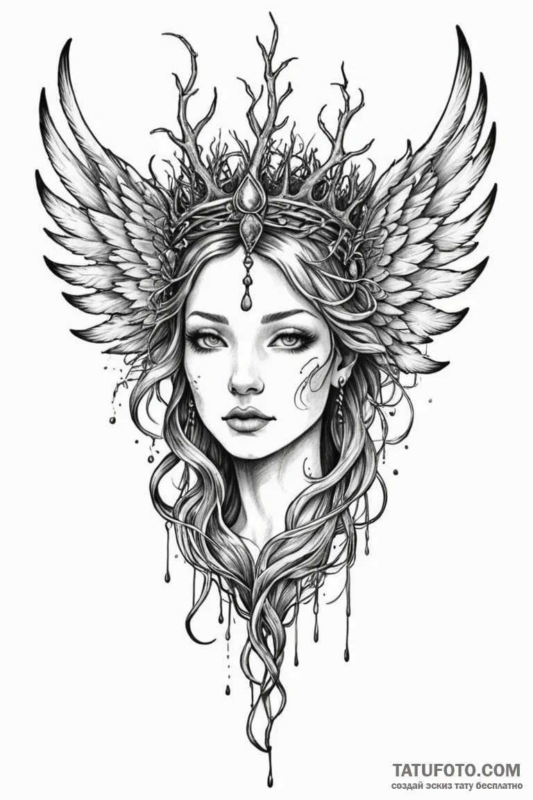 Oracle wings crowned in roots, ink illustrati... - эскиз тату (№1750782967_1, 24.06.2025 16:36) — Tatufoto.com