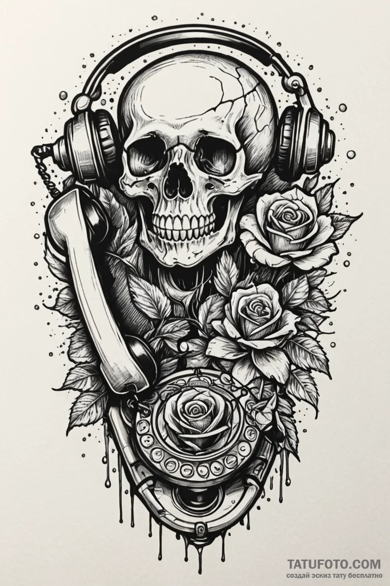 Land-line telephone, receiver leaking a black... - эскиз тату (№1750783689_0, 24.06.2025 16:48) — Tatufoto.com