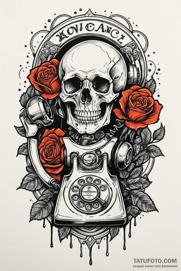 Land-line telephone, receiver leaking a black... - эскиз тату (№1750783689_1, 24.06.2025 16:48) — Tatufoto.com
