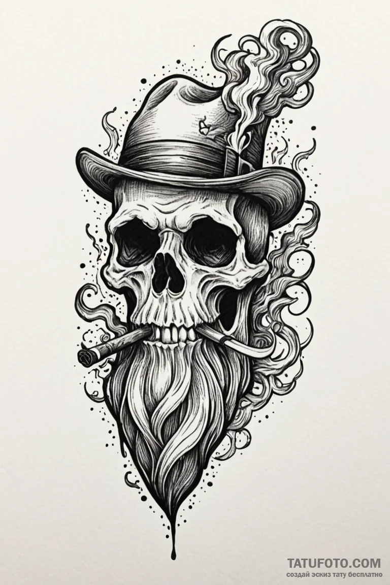 Smoking pipe with smoke forming a ghost, tatt... - эскиз тату (№1750783842_1, 24.06.2025 16:50) — Tatufoto.com