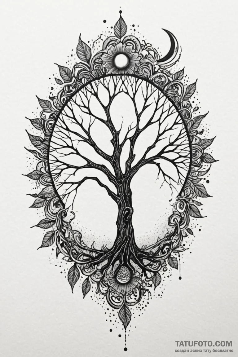 Leafless tree beneath eclipsed sun, tattoo sk... - эскиз тату (№1750783918_0, 24.06.2025 16:51) — Tatufoto.com