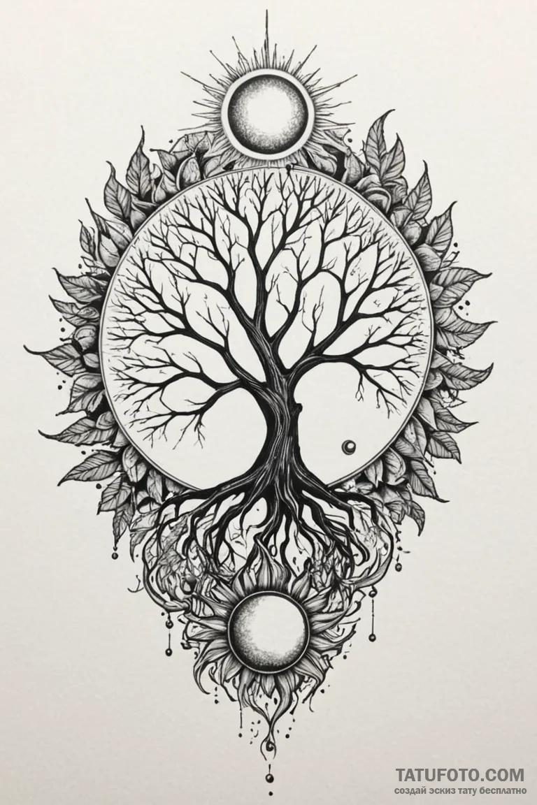 Leafless tree beneath eclipsed sun, tattoo sk... - эскиз тату (№1750783918_1, 24.06.2025 16:51) — Tatufoto.com