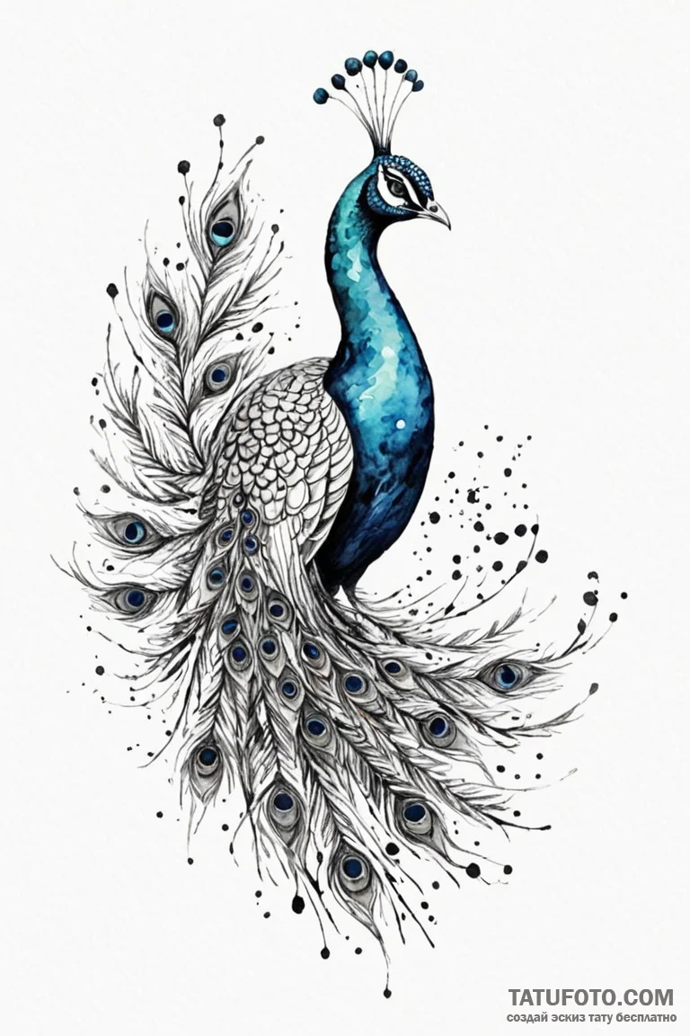 Peacock with a tail of a thousand watching ey... - эскиз тату (№1750784611_0, 24.06.2025 17:03) — Tatufoto.com