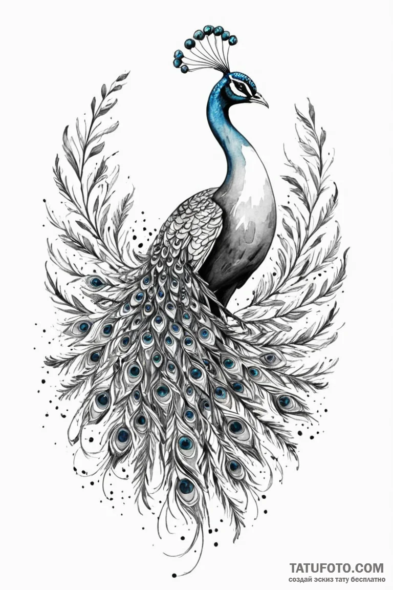 Peacock with a tail of a thousand watching ey... - эскиз тату (№1750784611_1, 24.06.2025 17:03) — Tatufoto.com