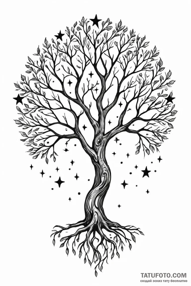 Clawed tree reaching for stars, tattoo sketch... - эскиз тату (№1750784760_0, 24.06.2025 17:06) — Tatufoto.com