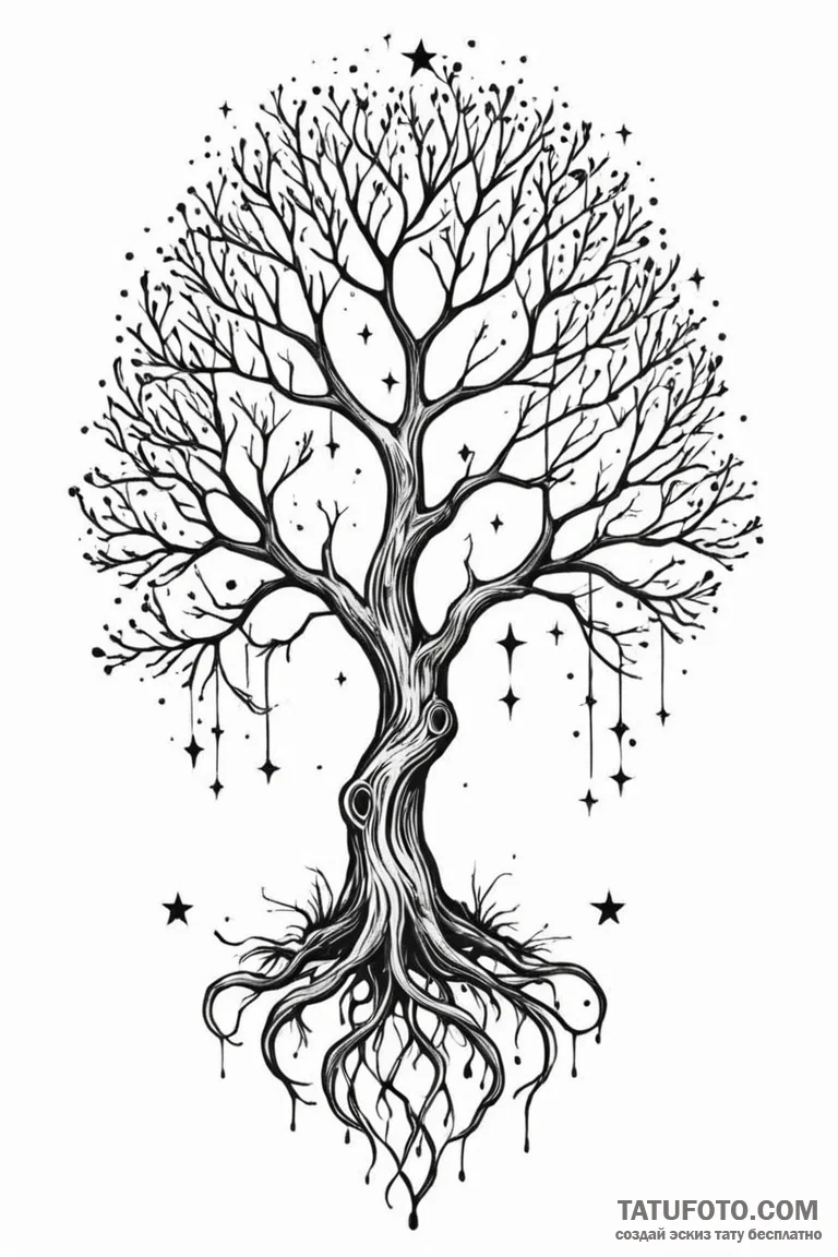 Clawed tree reaching for stars, tattoo sketch... - эскиз тату (№1750784760_1, 24.06.2025 17:06) — Tatufoto.com