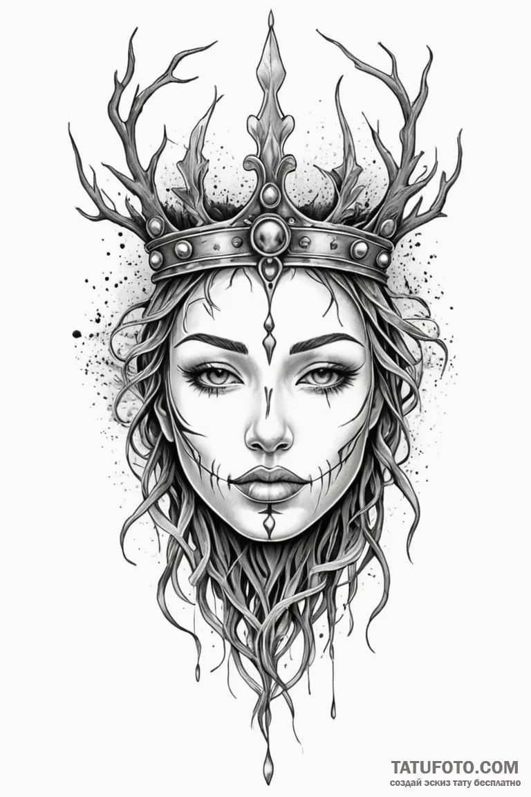 Engraved mask crowned with roots, concept art... - эскиз тату (№1750785637_0, 24.06.2025 17:20) — Tatufoto.com