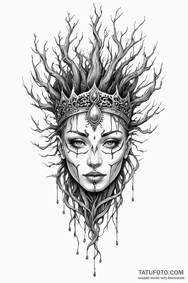 Engraved mask crowned with roots, concept art... - эскиз тату (№1750785637_1, 24.06.2025 17:20) — Tatufoto.com