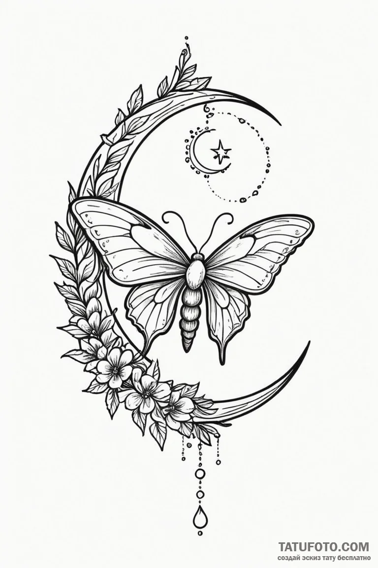 Luminous moth sipping dew from a crescent moo... - эскиз тату (№1750785788_0, 24.06.2025 17:23) — Tatufoto.com
