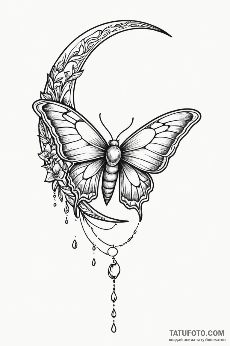 Luminous moth sipping dew from a crescent moo... - эскиз тату (№1750785788_1, 24.06.2025 17:23) — Tatufoto.com
