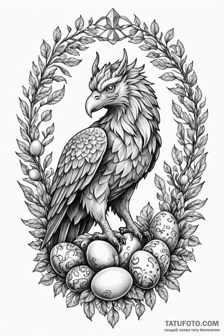 Griffin guarding a nest of faberge eggs, conc... - эскиз тату (№1750785861_0, 24.06.2025 17:24) — Tatufoto.com