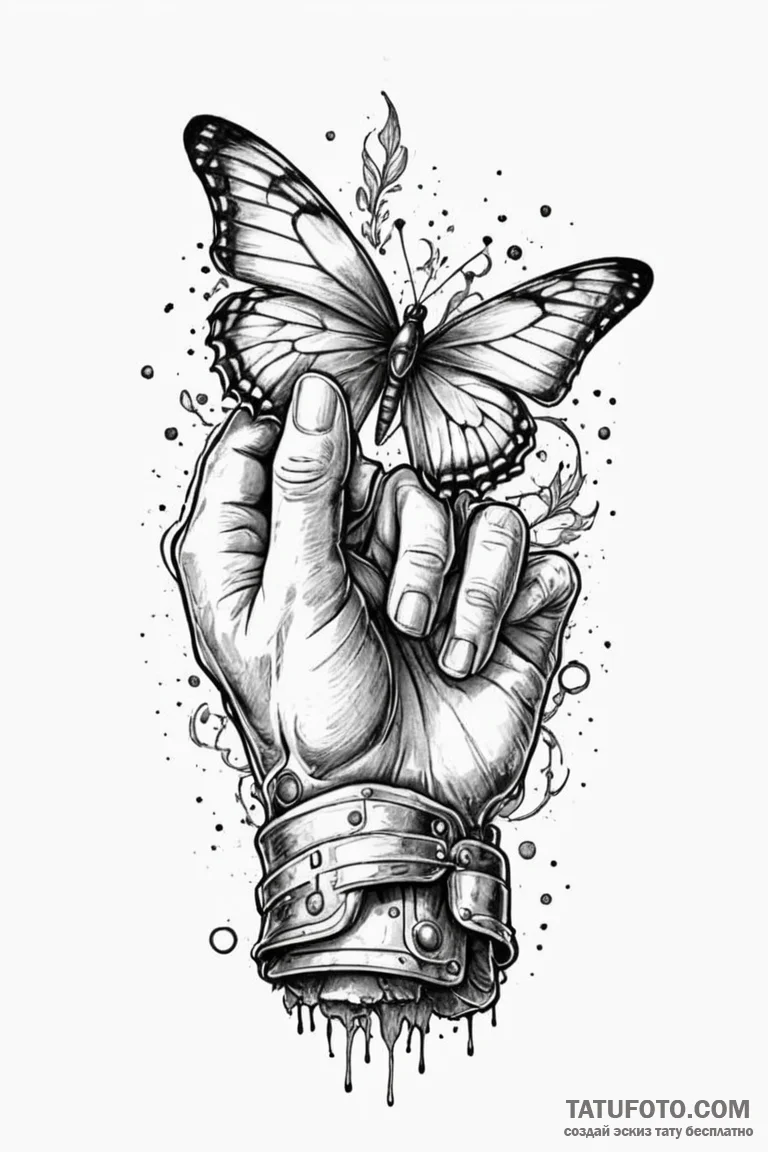 Knight's gauntlet holding a fragile butterfly... - эскиз тату (№1750786017_0, 24.06.2025 17:26) — Tatufoto.com