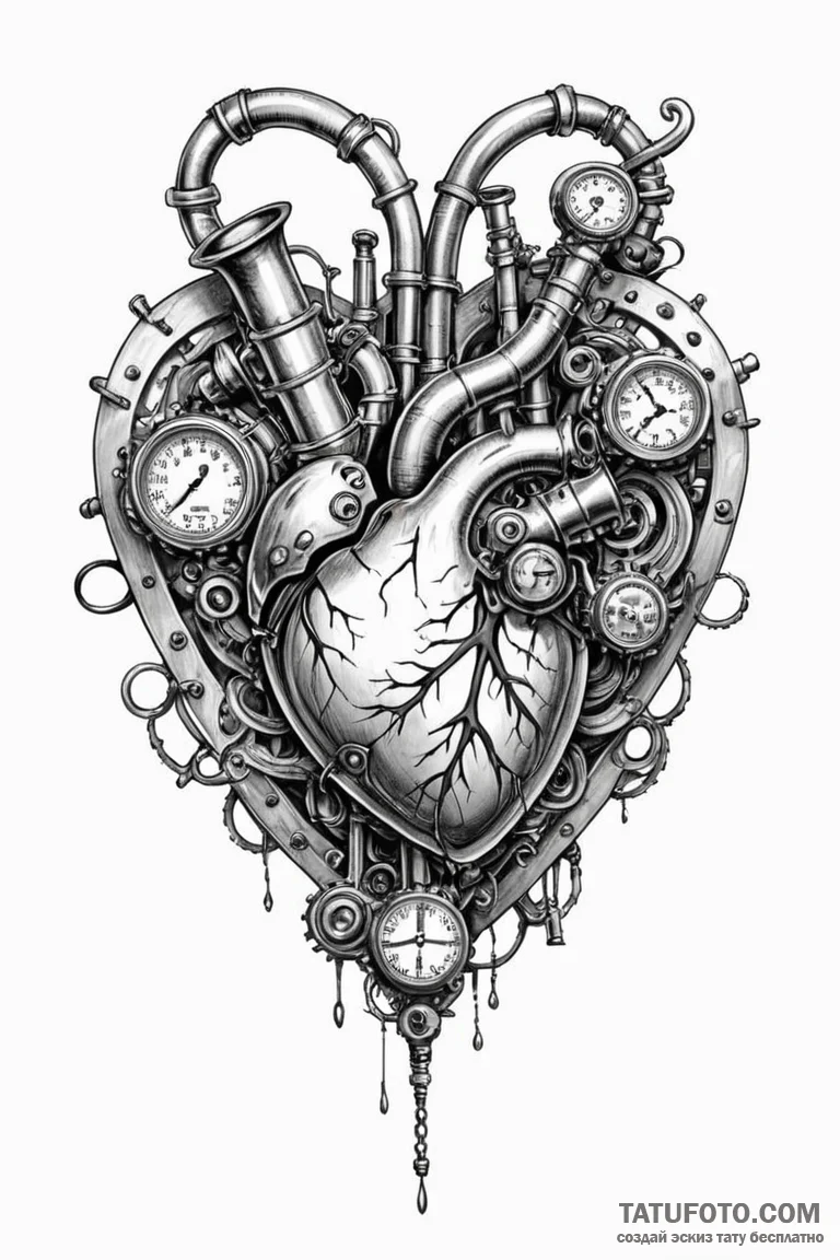Steampunk heart with pipes and pressure gauge... - эскиз тату (№1750792194_0, 24.06.2025 19:09) — Tatufoto.com