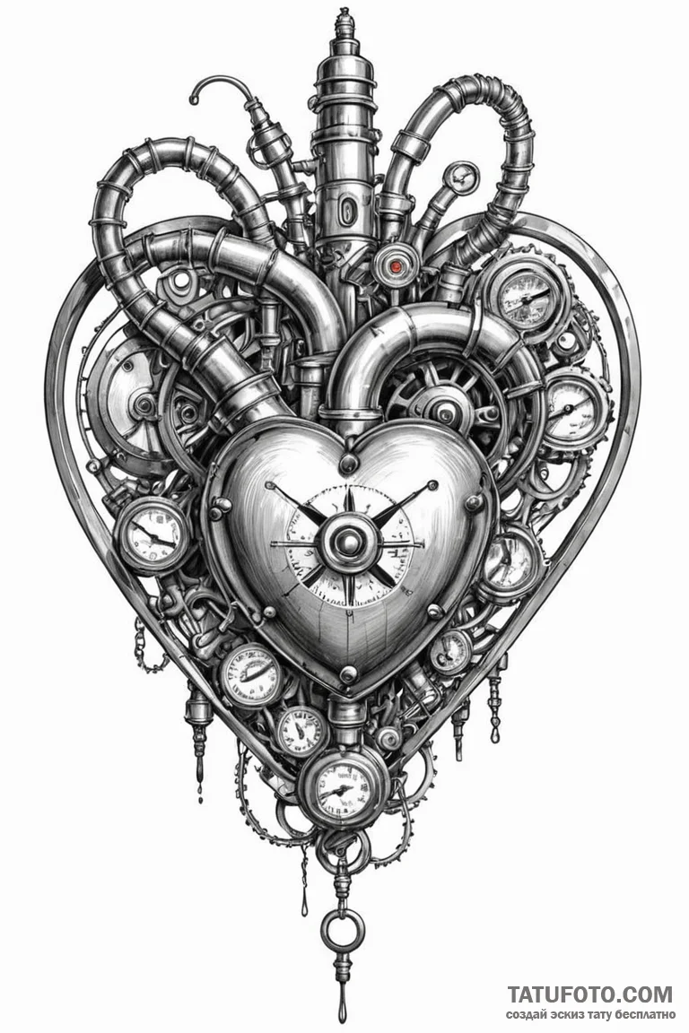 Steampunk heart with pipes and pressure gauge... - эскиз тату (№1750792194_1, 24.06.2025 19:09) — Tatufoto.com