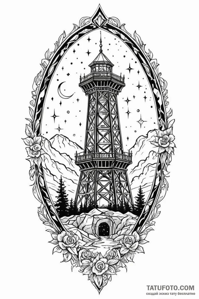 Tower beneath starfall sky, tattoo flash shee... - эскиз тату (№1750796903_0, 24.06.2025 20:28) — Tatufoto.com