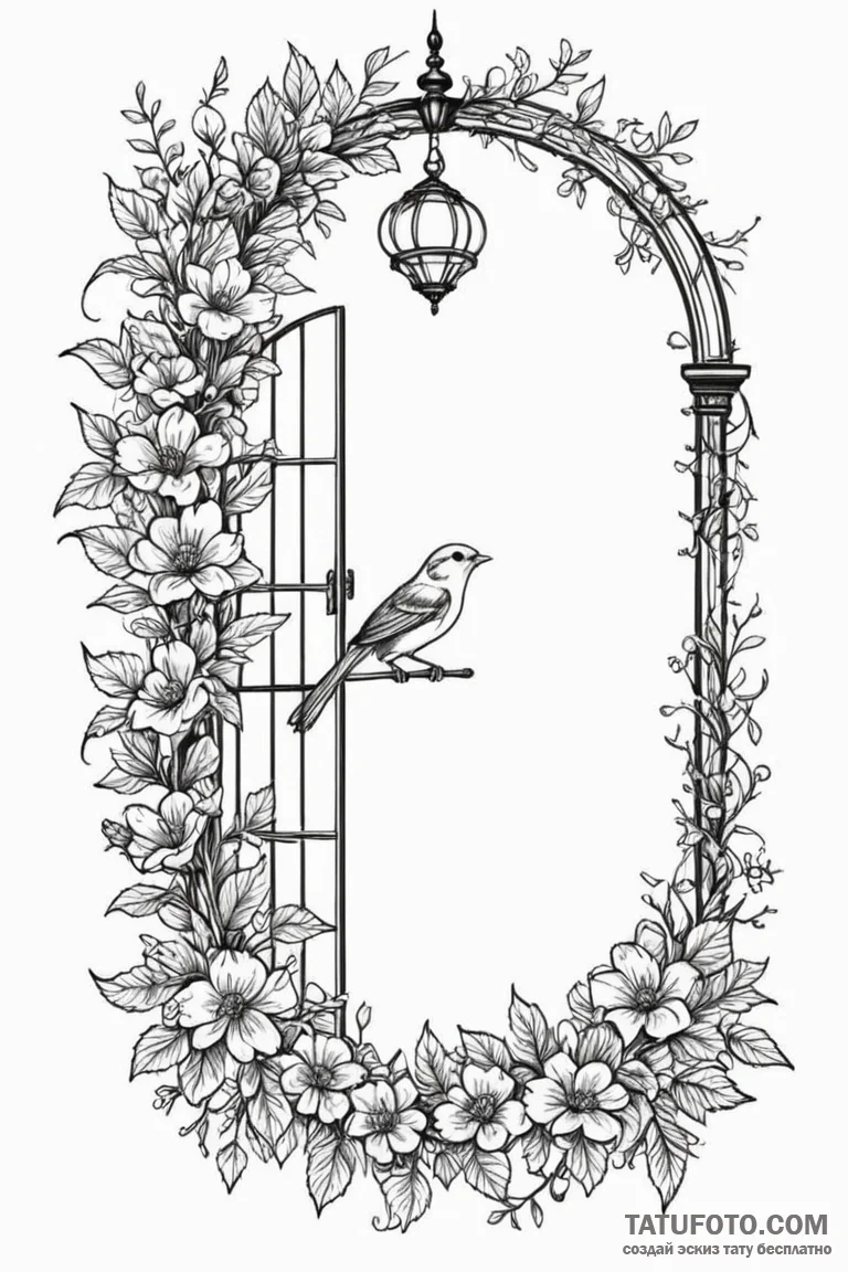 Birdcage, door open, with a vine of flowers g... - эскиз тату (№1750796977_0, 24.06.2025 20:29) — Tatufoto.com