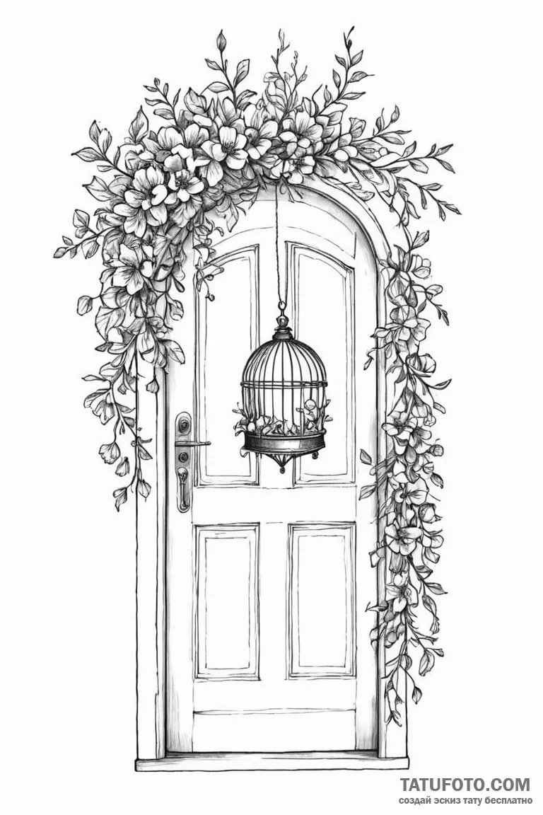 Birdcage, door open, with a vine of flowers g... - эскиз тату (№1750796977_1, 24.06.2025 20:29) — Tatufoto.com