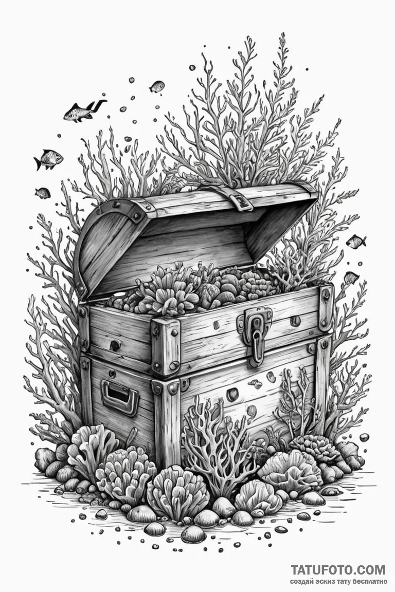 Treasure chest beneath coral reef, ink illust... - эскиз тату (№1750797654_0, 24.06.2025 20:40) — Tatufoto.com