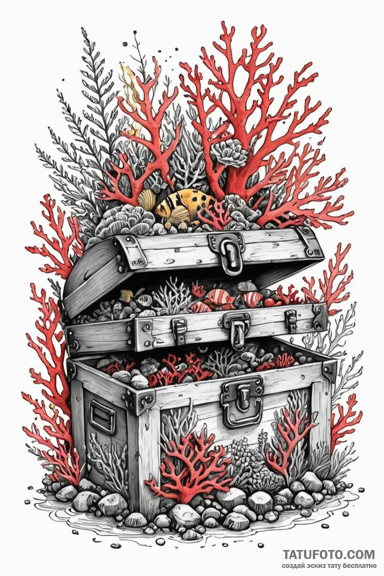 Treasure chest beneath coral reef, ink illust... - эскиз тату (№1750797654_1, 24.06.2025 20:40) — Tatufoto.com
