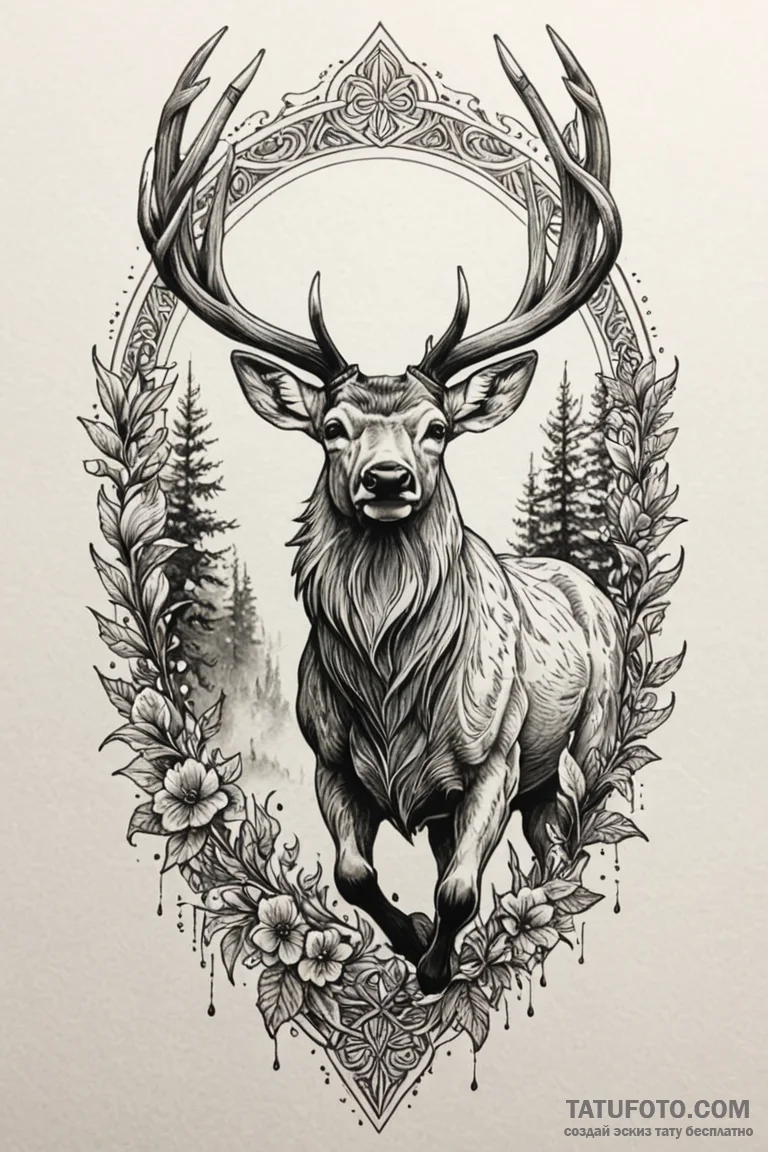 Ashen stag leaping through shadows, tattoo fl... - эскиз тату (№1750797728_1, 24.06.2025 20:42) — Tatufoto.com