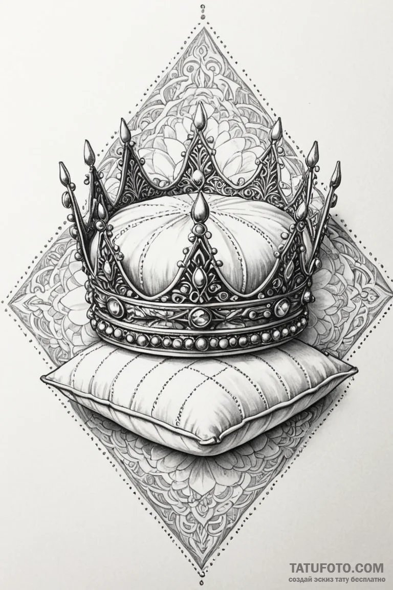 A detailed bejeweled crown resting on a cushi... - эскиз тату (№1750798702_0, 24.06.2025 20:58) — Tatufoto.com