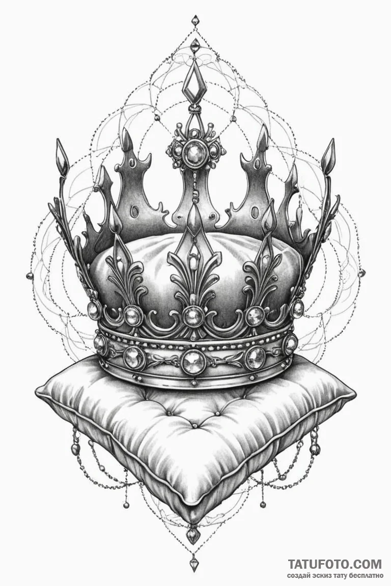 A detailed bejeweled crown resting on a cushi... - эскиз тату (№1750798702_1, 24.06.2025 20:58) — Tatufoto.com