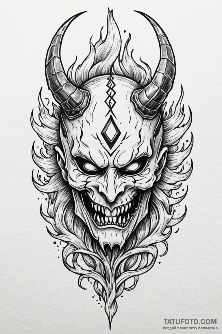 Rune-crowned mask devouring flame, concept ar... - эскиз тату (№1750799466_0, 24.06.2025 21:11) — Tatufoto.com