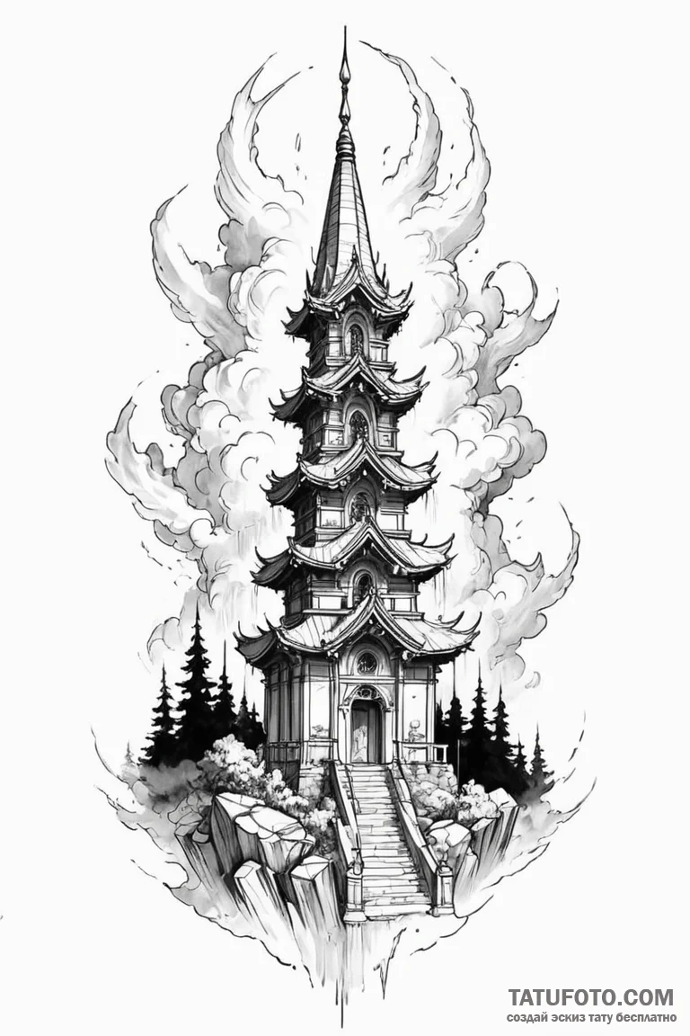 Temple spire breaking through mist, concept a... - эскиз тату (№1750799687_0, 24.06.2025 21:14) — Tatufoto.com