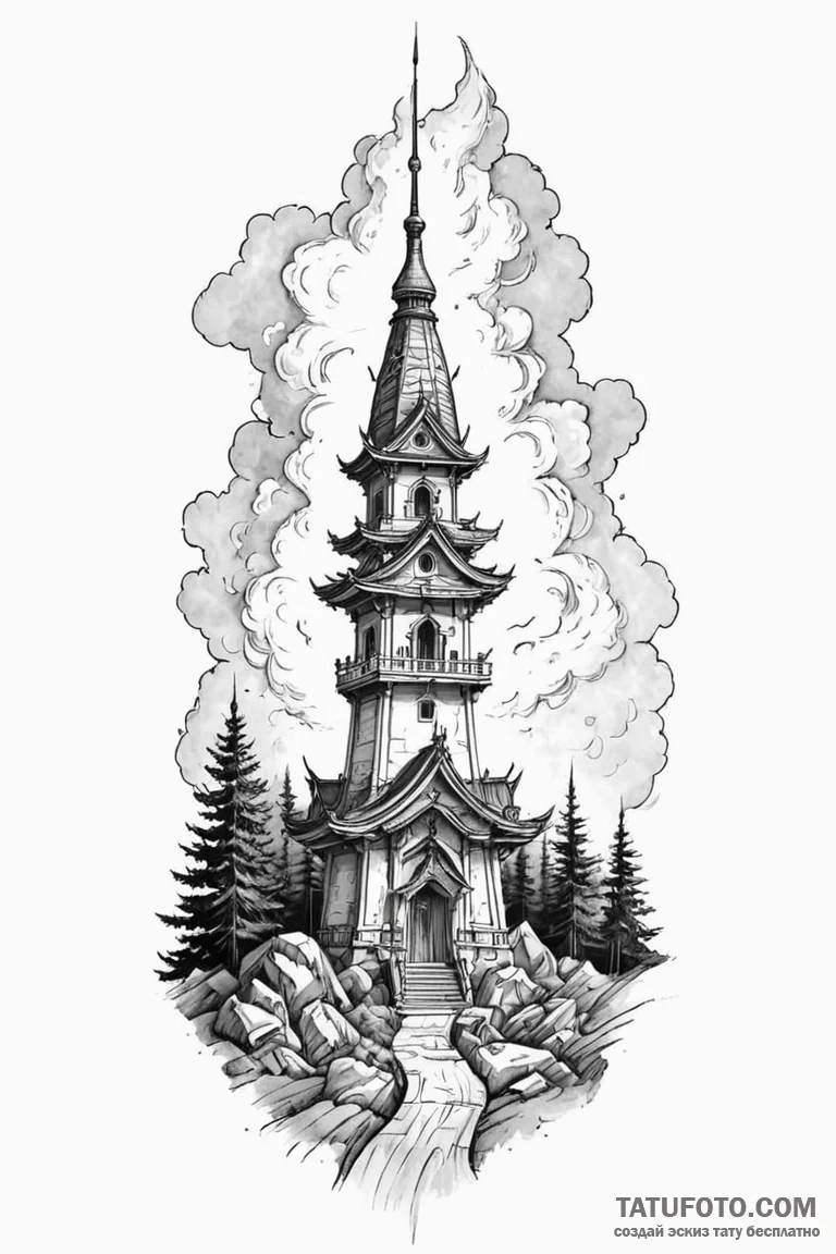 Temple spire breaking through mist, concept a... - эскиз тату (№1750799687_1, 24.06.2025 21:14) — Tatufoto.com
