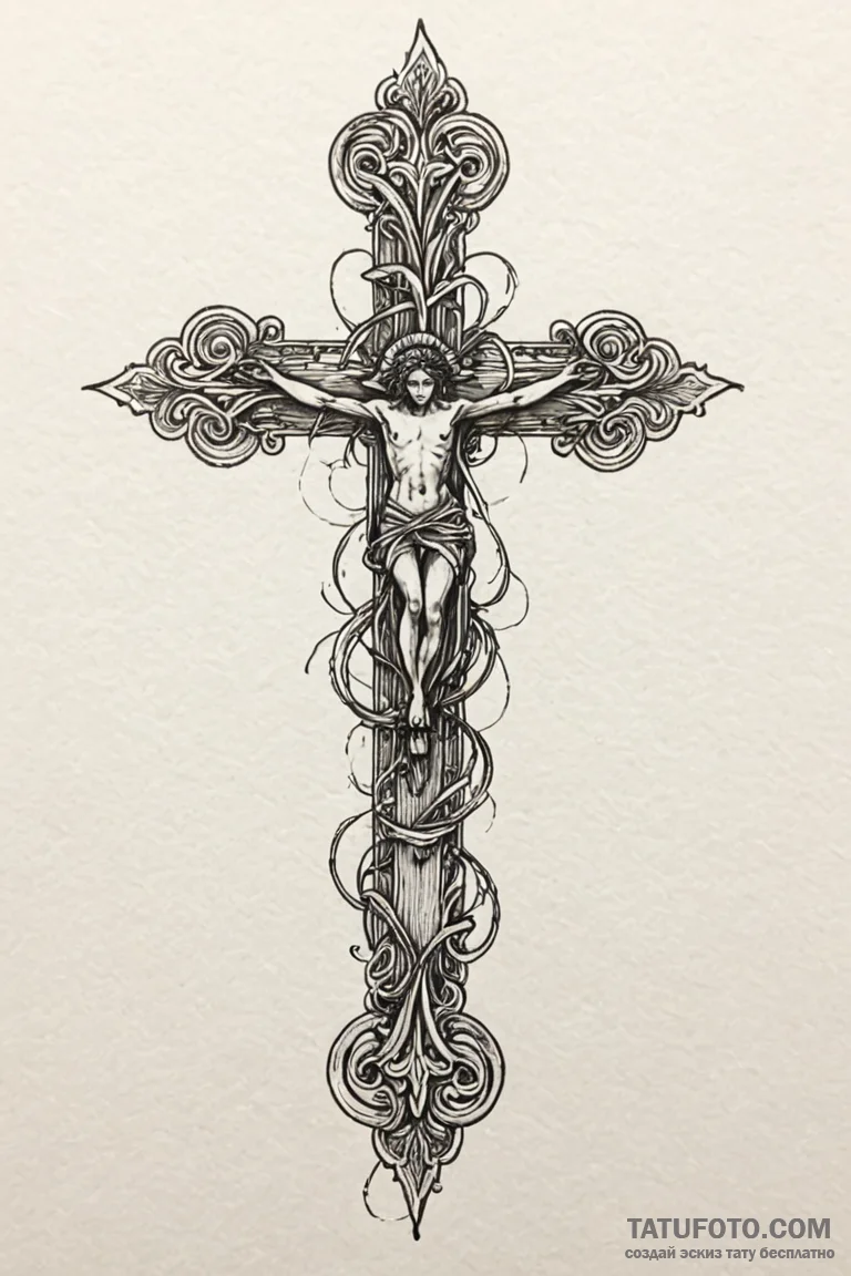 E, tattoo drawing outline, detailed cross-hat... - эскиз тату (№1750801488_0, 24.06.2025 21:44) — Tatufoto.com