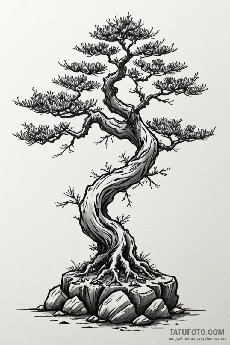A stylized bonsai tree rooted on a rock, asia... - эскиз тату (№1750802286_1, 24.06.2025 21:58) — Tatufoto.com