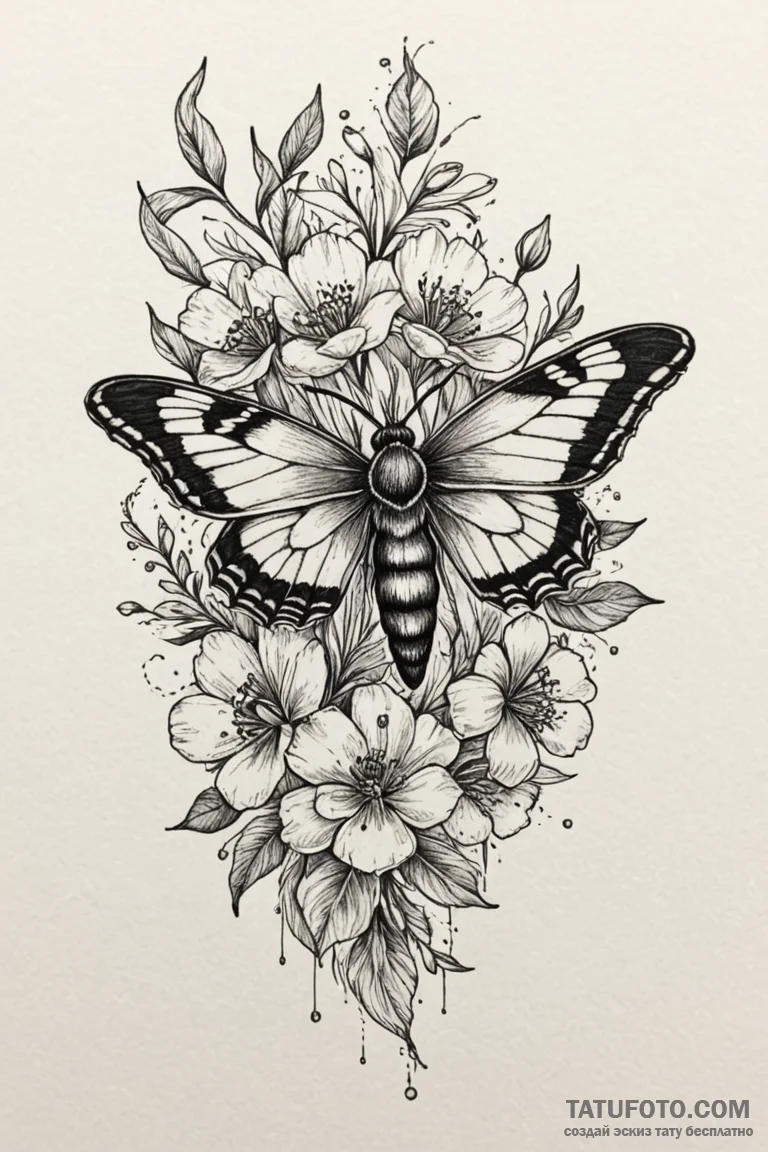 Queenрір‚в„ўs moth beneath spectral bloom, ta... - эскиз тату (№1750803264_0, 24.06.2025 22:14) — Tatufoto.com