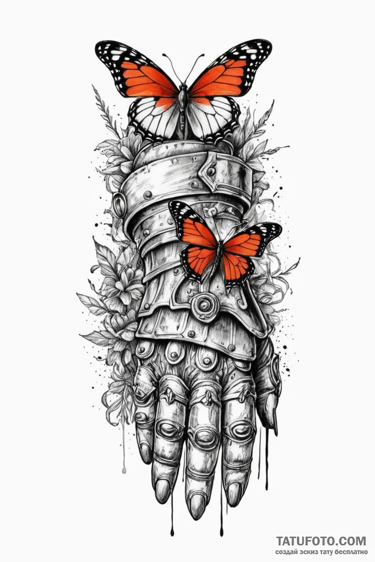 Knight's gauntlet holding a fragile butterfly... - эскиз тату (№1750804812_1, 24.06.2025 22:40) — Tatufoto.com