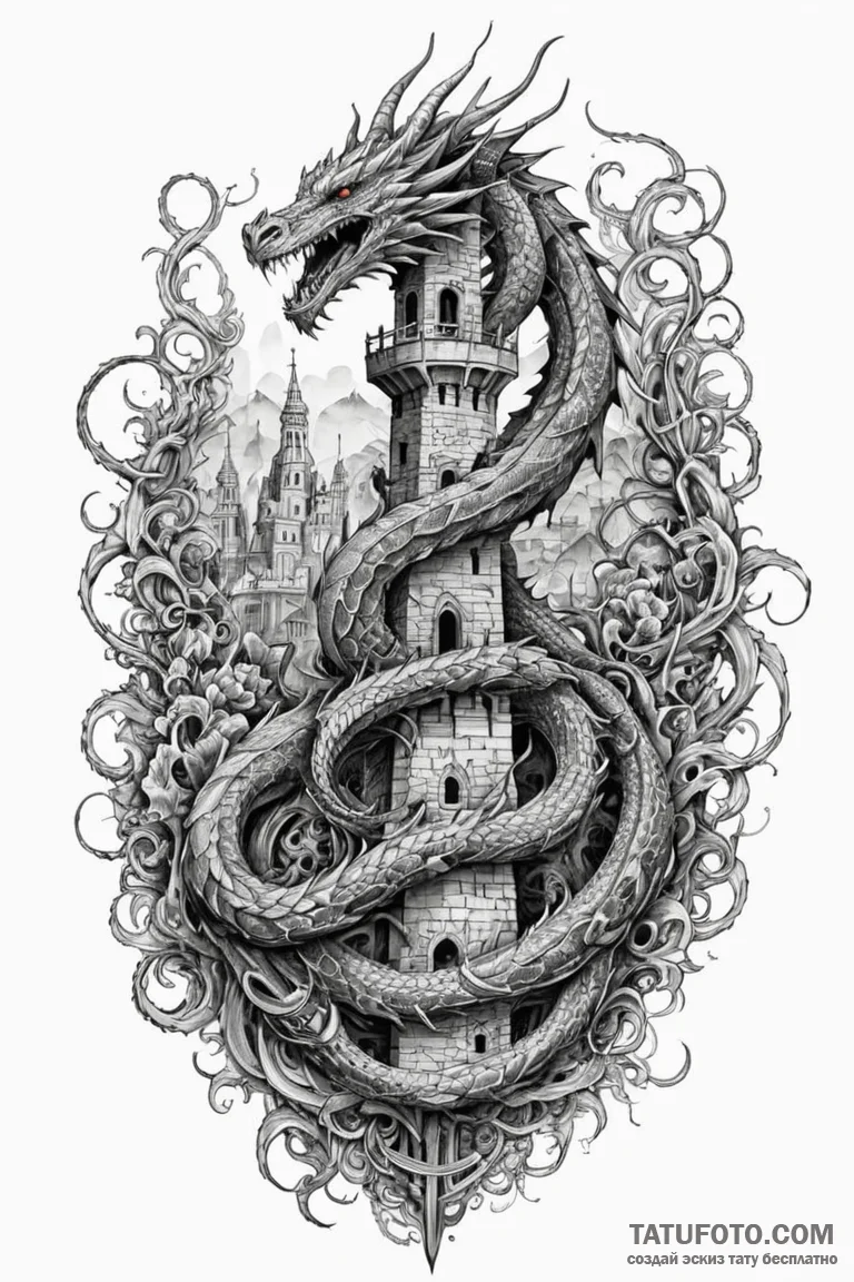 Ashen dragon coiled around tower, tattoo draw... - эскиз тату (№1750804885_0, 24.06.2025 22:41) — Tatufoto.com