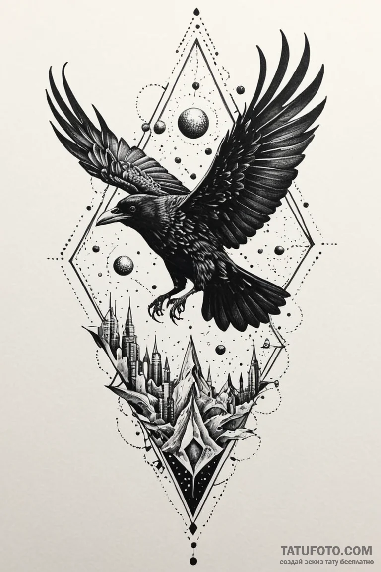 Atomic raven glitching through space, ink ill... - эскиз тату (№1750806678_0, 24.06.2025 23:11) — Tatufoto.com