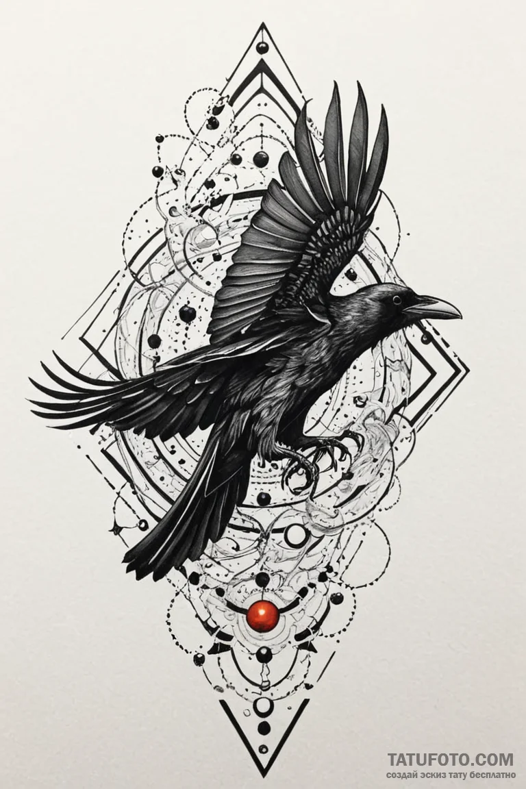 Atomic raven glitching through space, ink ill... - эскиз тату (№1750806678_1, 24.06.2025 23:11) — Tatufoto.com