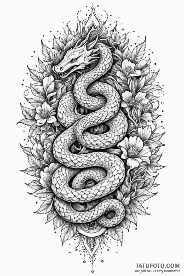 Ivory serpent crowned with starlight, tattoo... - эскиз тату (№1750806752_1, 24.06.2025 23:12) — Tatufoto.com