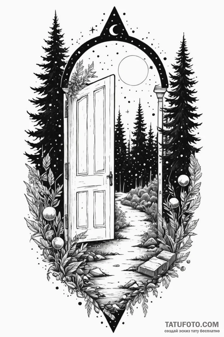 An open door in the middle of a forest leadin... - эскиз тату (№1750806897_0, 24.06.2025 23:14) — Tatufoto.com