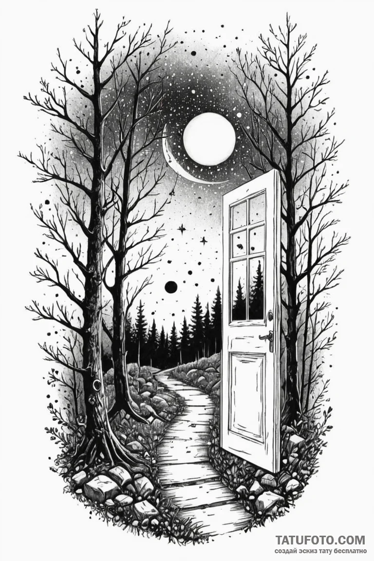 An open door in the middle of a forest leadin... - эскиз тату (№1750806897_1, 24.06.2025 23:14) — Tatufoto.com