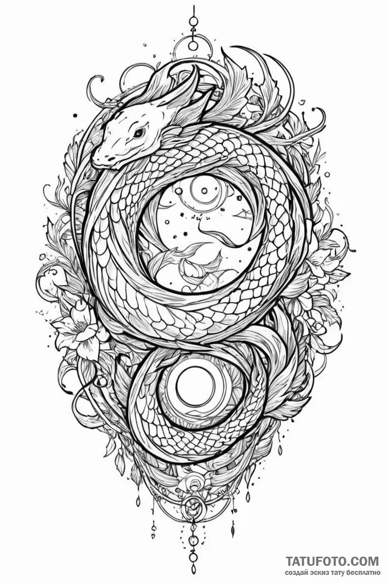 Koi serpent beneath celestial rift, tattoo sk... - эскиз тату (№1750807656_0, 24.06.2025 23:27) — Tatufoto.com