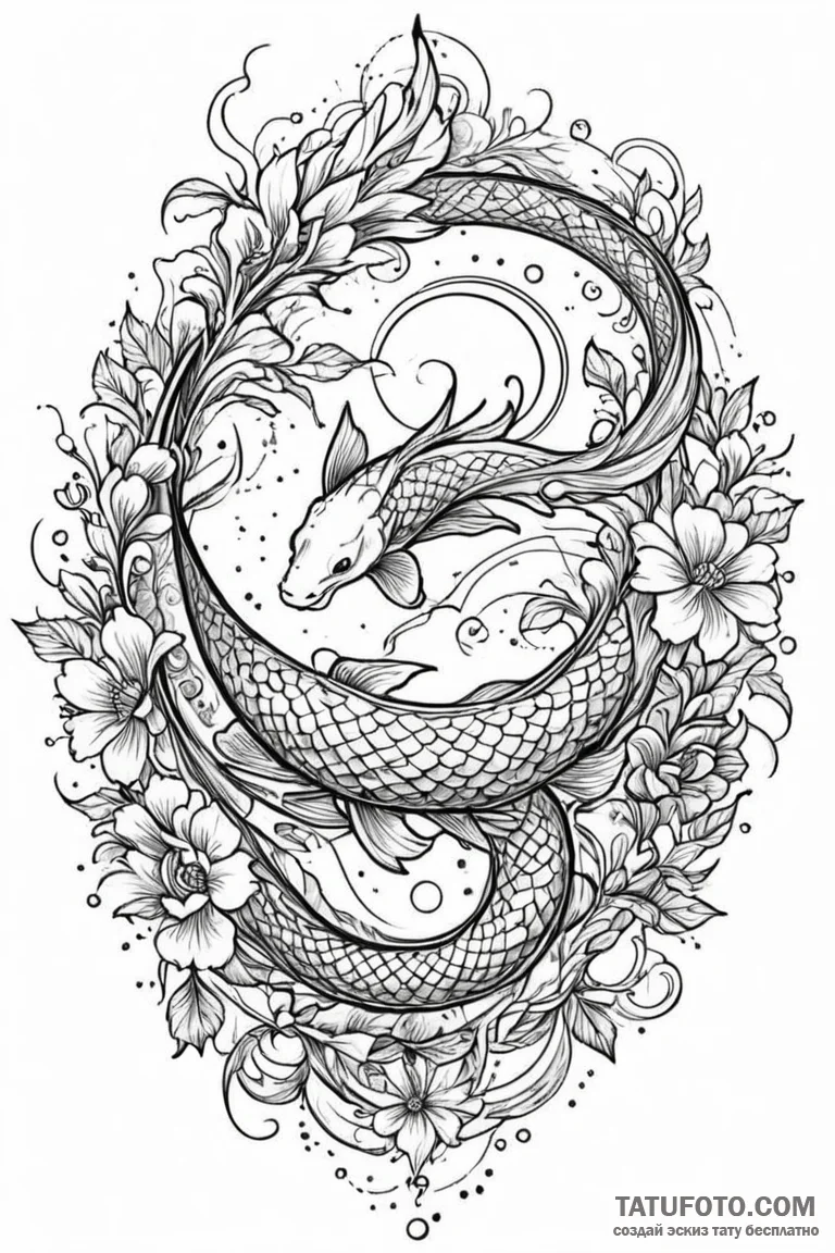 Koi serpent beneath celestial rift, tattoo sk... - эскиз тату (№1750807656_1, 24.06.2025 23:27) — Tatufoto.com