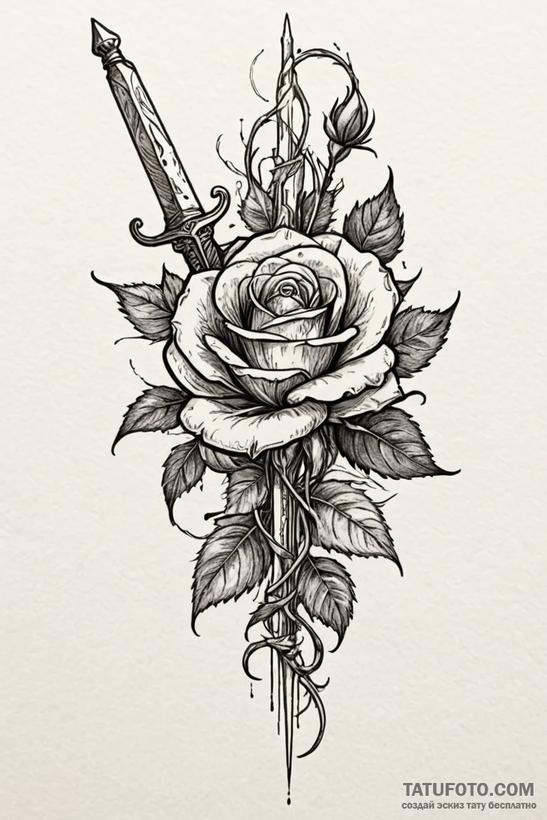Dagger in skeletal rose, artistic tattoo sket... - эскиз тату (№1750807731_0, 24.06.2025 23:28) — Tatufoto.com