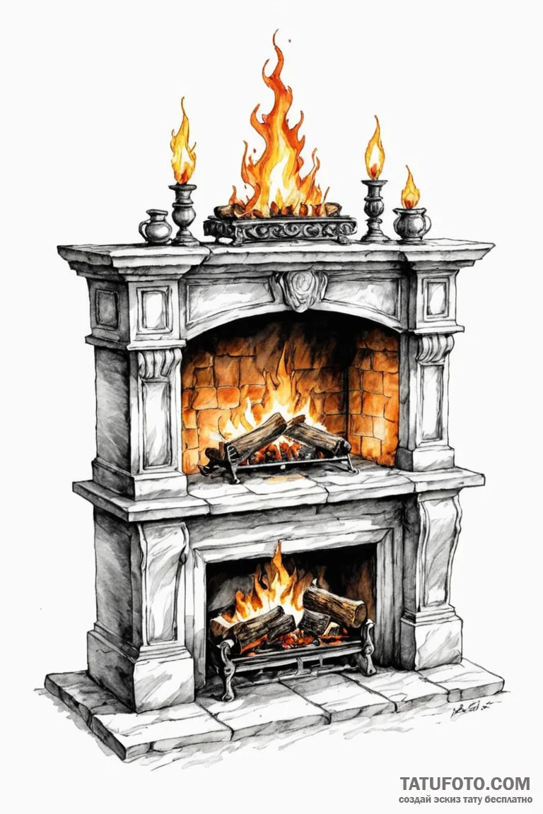 Fireplace with a warm, roaring fire, ink illu... - эскиз тату (№1750807803_0, 24.06.2025 23:30) — Tatufoto.com