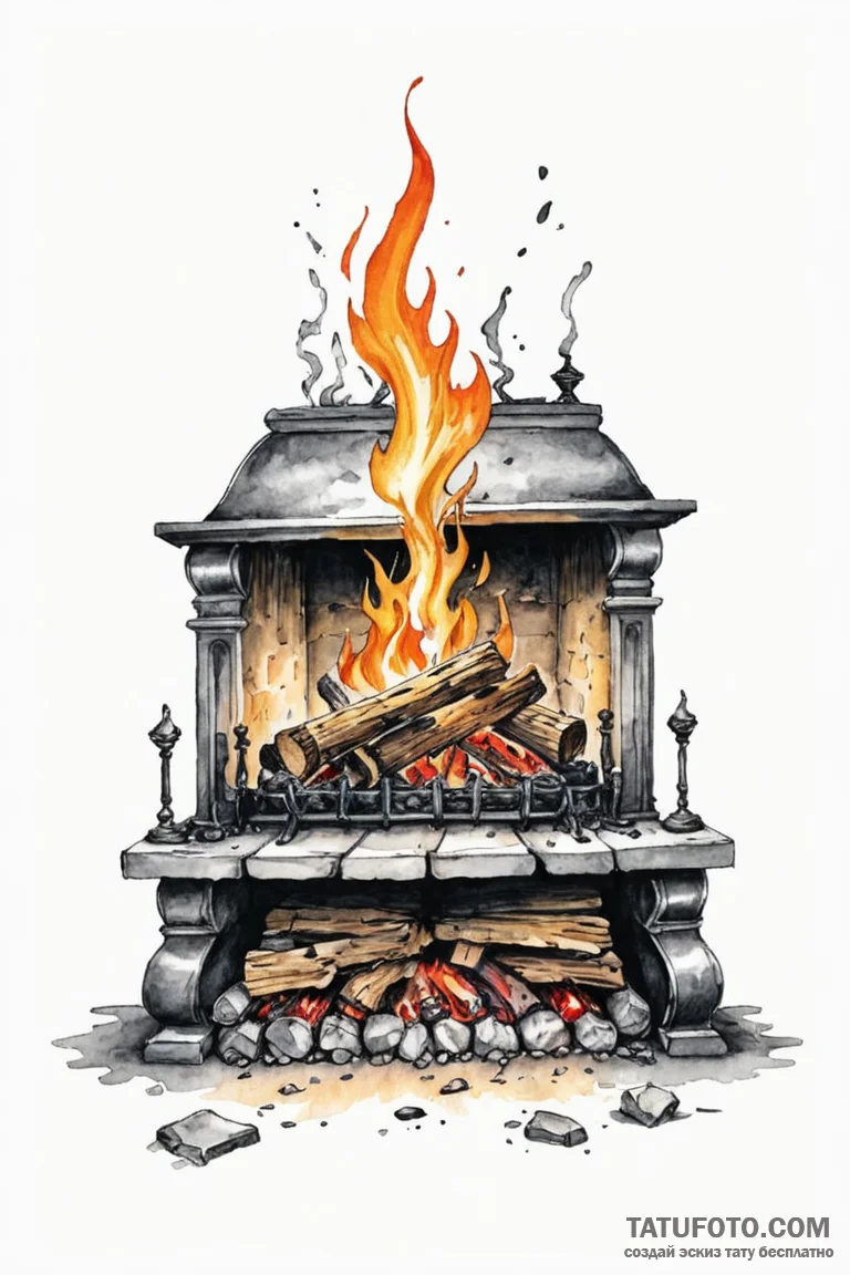 Fireplace with a warm, roaring fire, ink illu... - эскиз тату (№1750807803_1, 24.06.2025 23:30) — Tatufoto.com