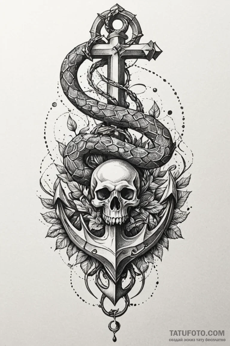 Anchor with snake and skull, tattoo sketch de... - эскиз тату (№1750808687_0, 24.06.2025 23:44) — Tatufoto.com
