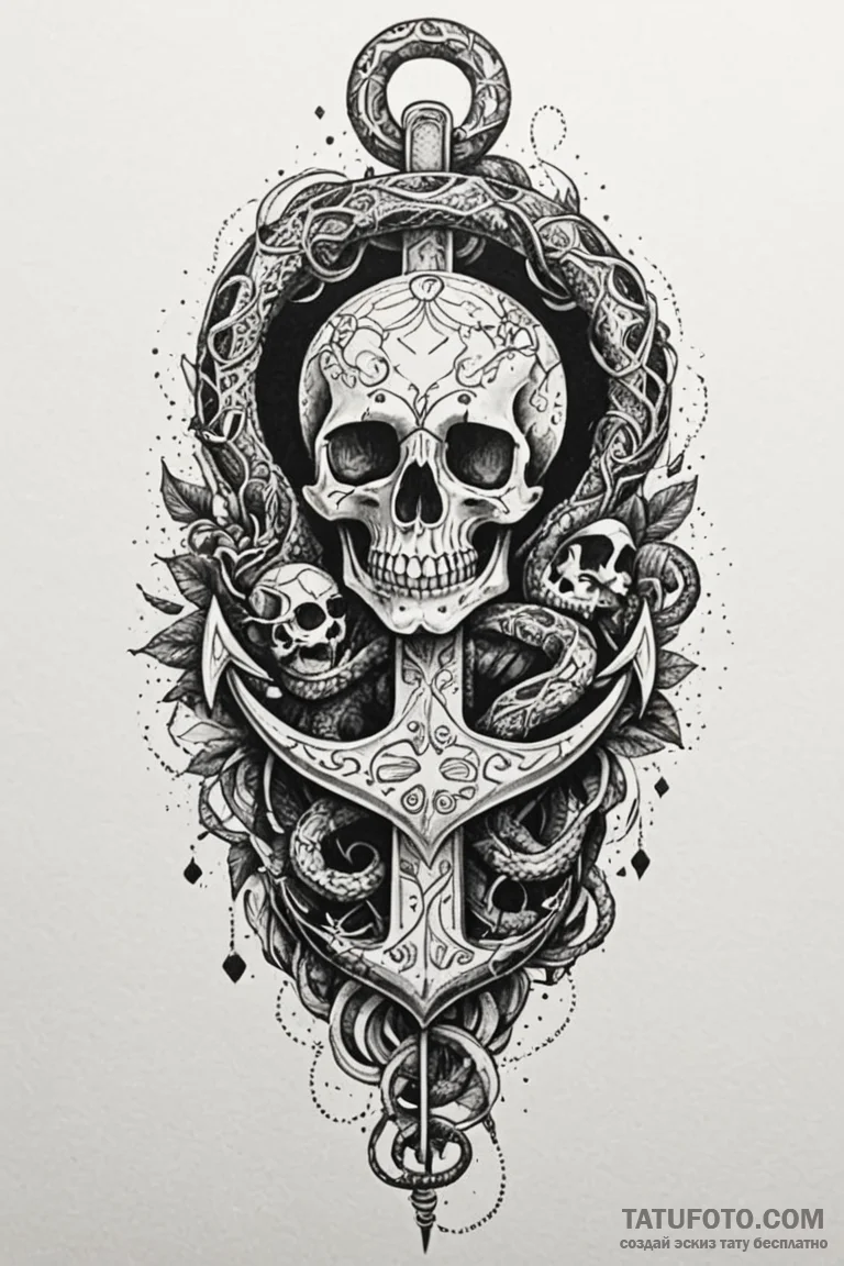 Anchor with snake and skull, tattoo sketch de... - эскиз тату (№1750808687_1, 24.06.2025 23:44) — Tatufoto.com