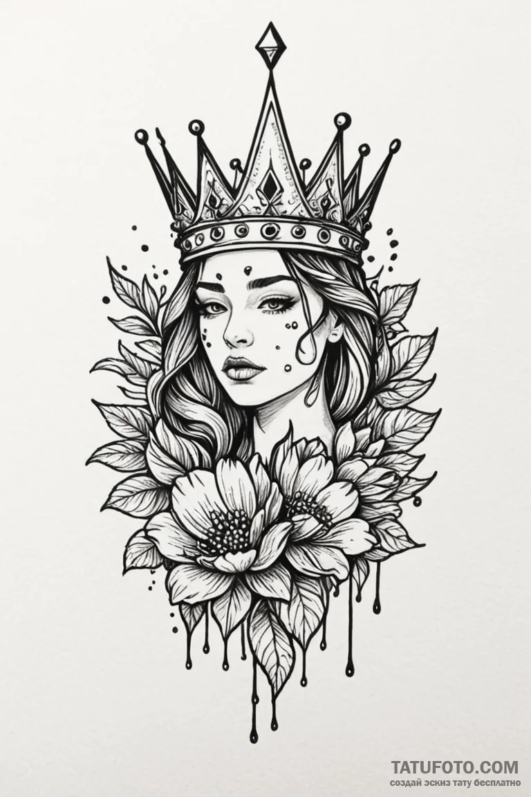Dark petals falling from crown, tattoo line a... - эскиз тату (№1750809579_0, 24.06.2025 23:59) — Tatufoto.com
