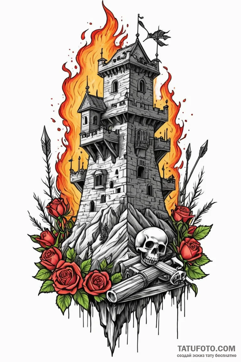 Castle siege tower moving through a field of... - эскиз тату (№1750810856_0, 25.06.2025 00:20) — Tatufoto.com
